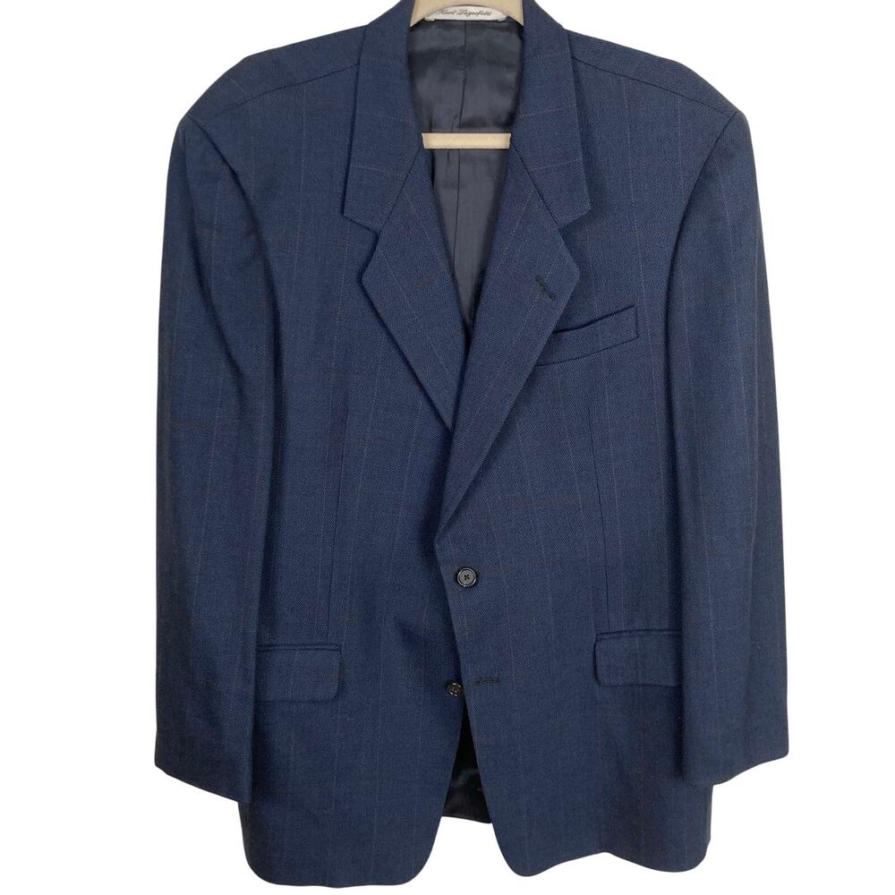 Karl Lagerfeld Mens 42R Blue Windowpane 100% Wool Blazer Suit Jacket Career